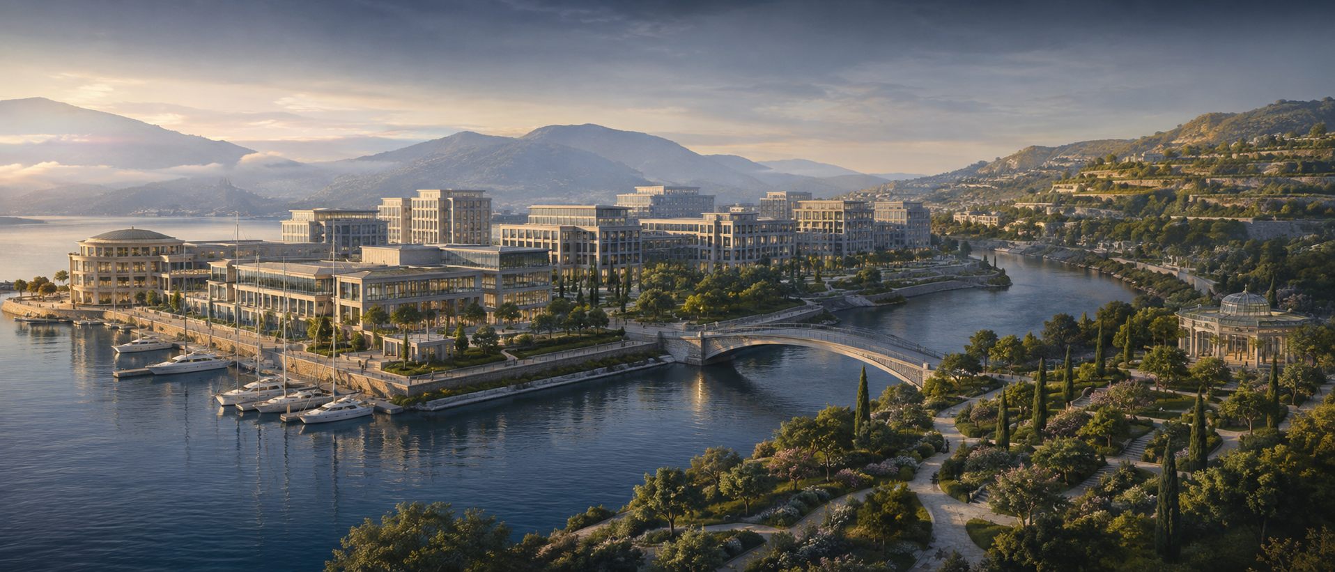 A calm coastal city at dawn: marina, financial district, gardens, and a bridge over the river.