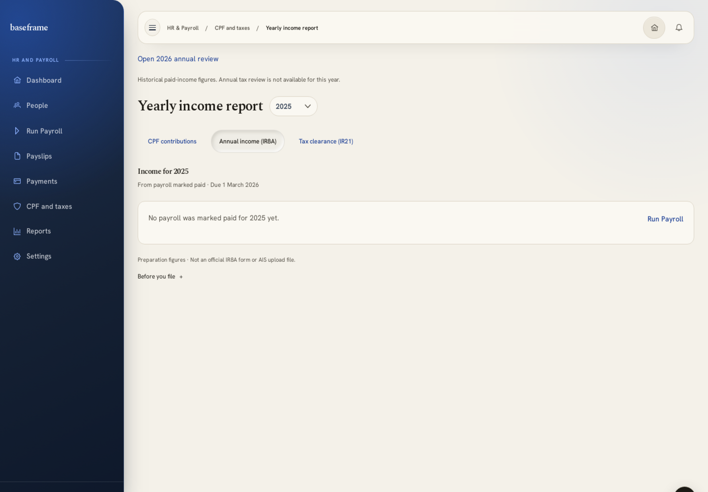 Yearly income report — IR8A prep/review empty state (not official form or AIS upload)